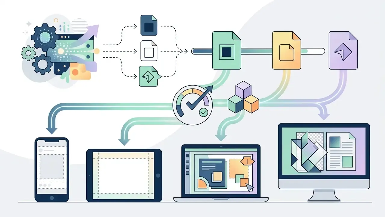 Process flow showing digital assets being exported from a central engine to mobile, tablet, and desktop devices