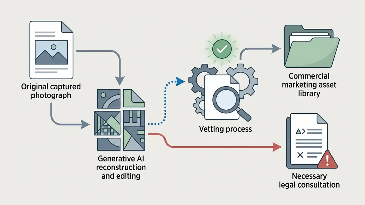 Workflow showing photograph reconstruction leading to either marketing library storage or legal consultation