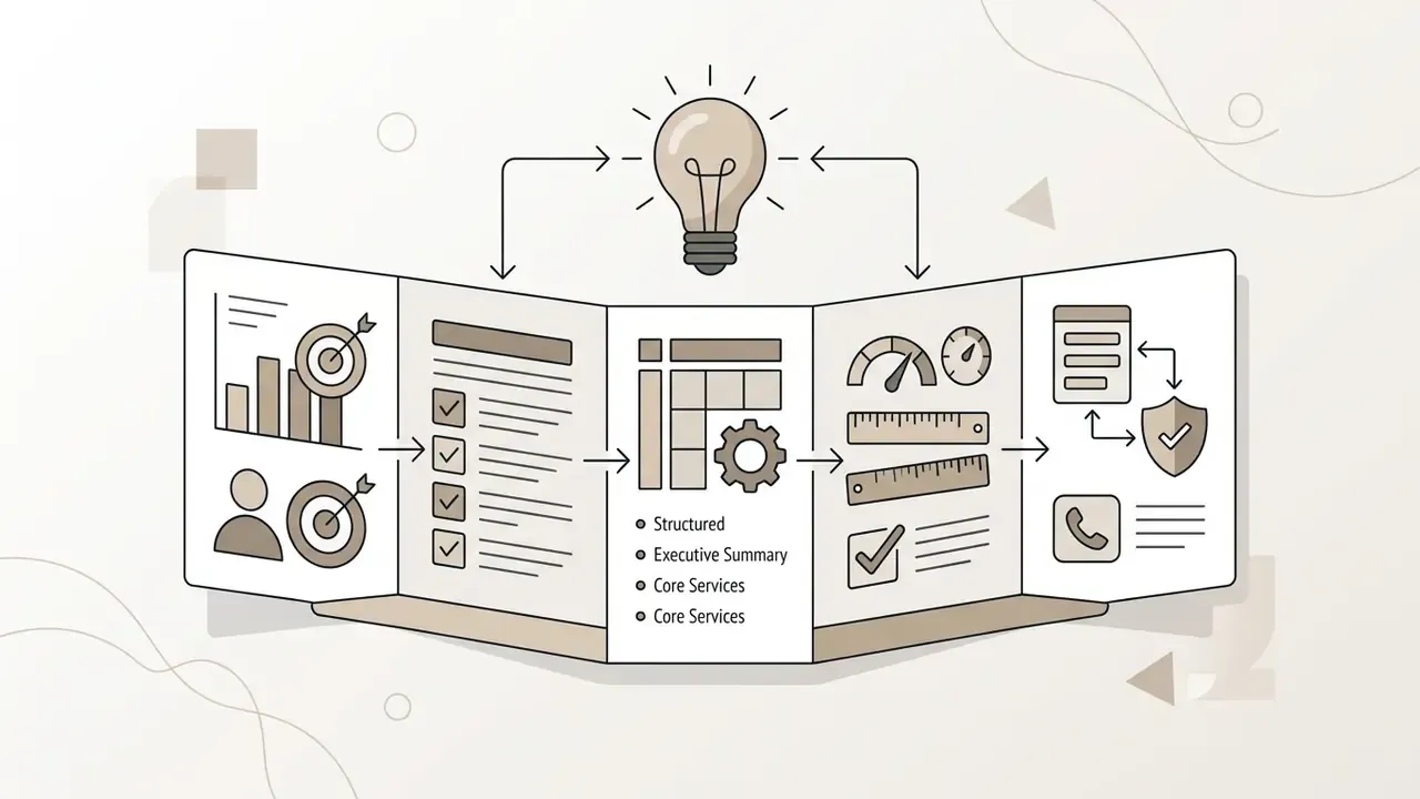 Lightbulb icon above a five-panel document sequence illustrating content organization and planning steps