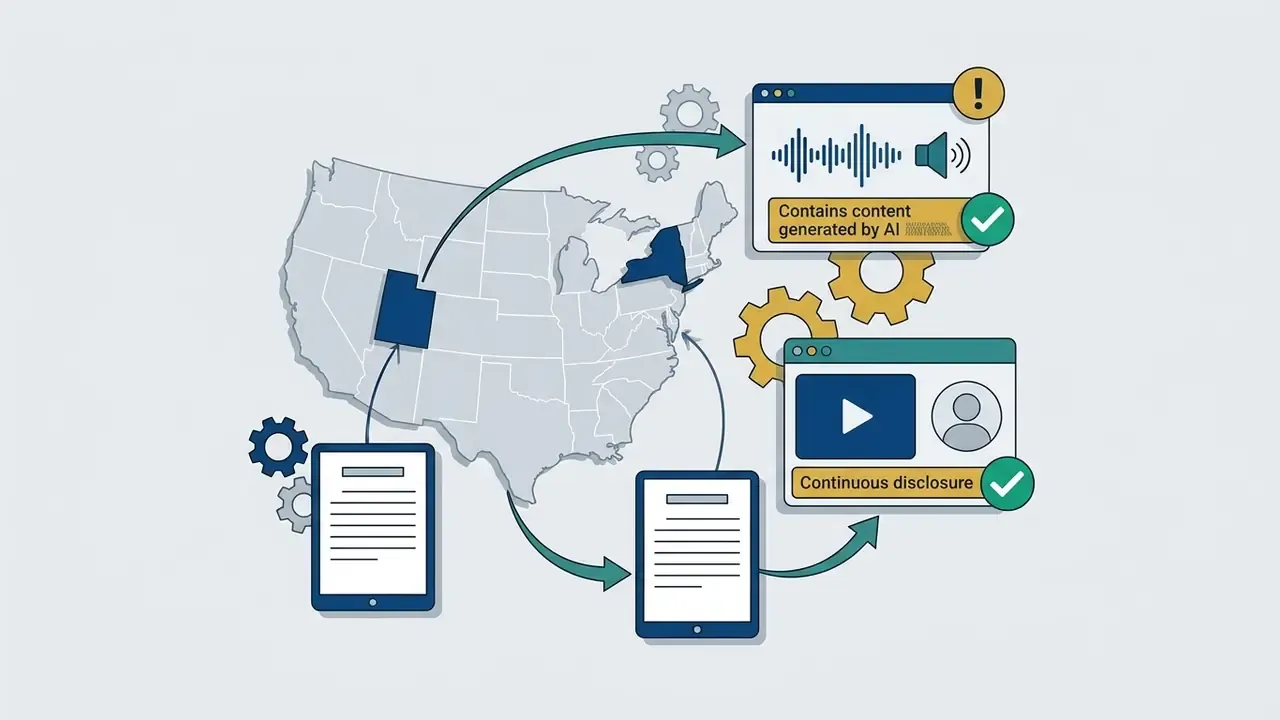 Map of the United States highlighting state laws for synthetic media disclosure and video labeling