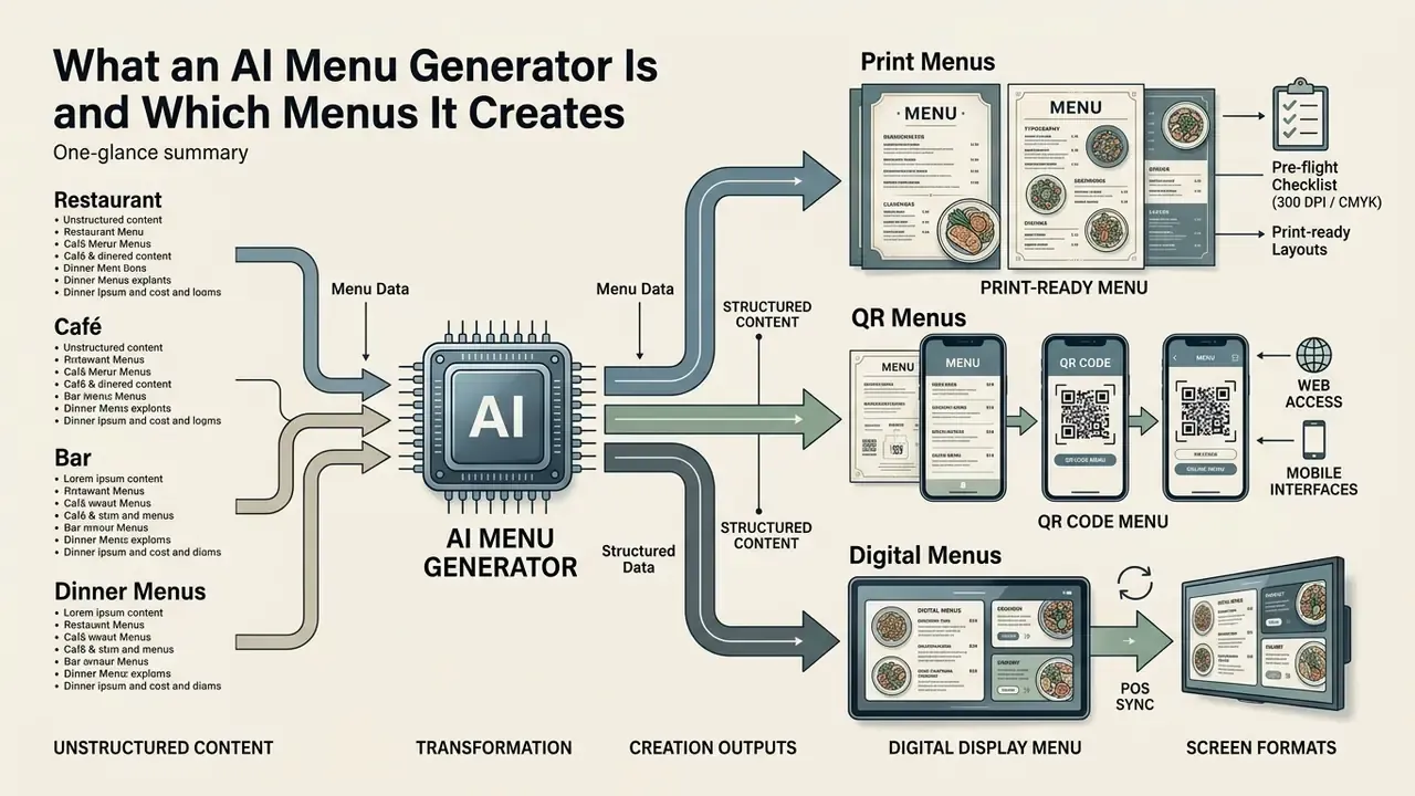 Infographic showing how an AI menu generator transforms raw text into print, QR, and digital formats