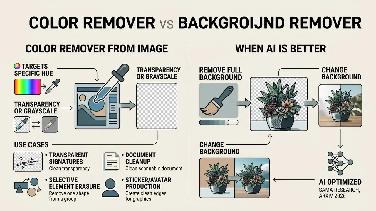 Infographic comparing a color remover tool for specific hues versus AI-powered background removal