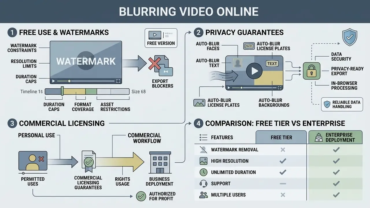 Summary of watermarking policies, privacy guarantees, commercial licensing, and enterprise tier features