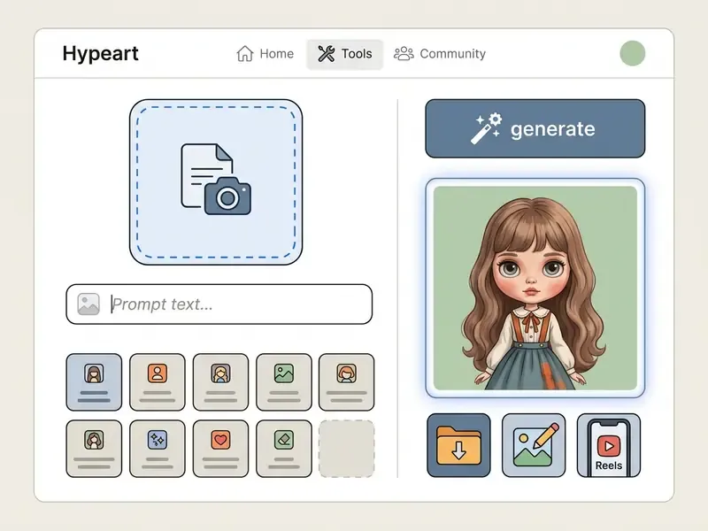 Software interface featuring a photo upload box, prompt field, style selection grid, and generate button