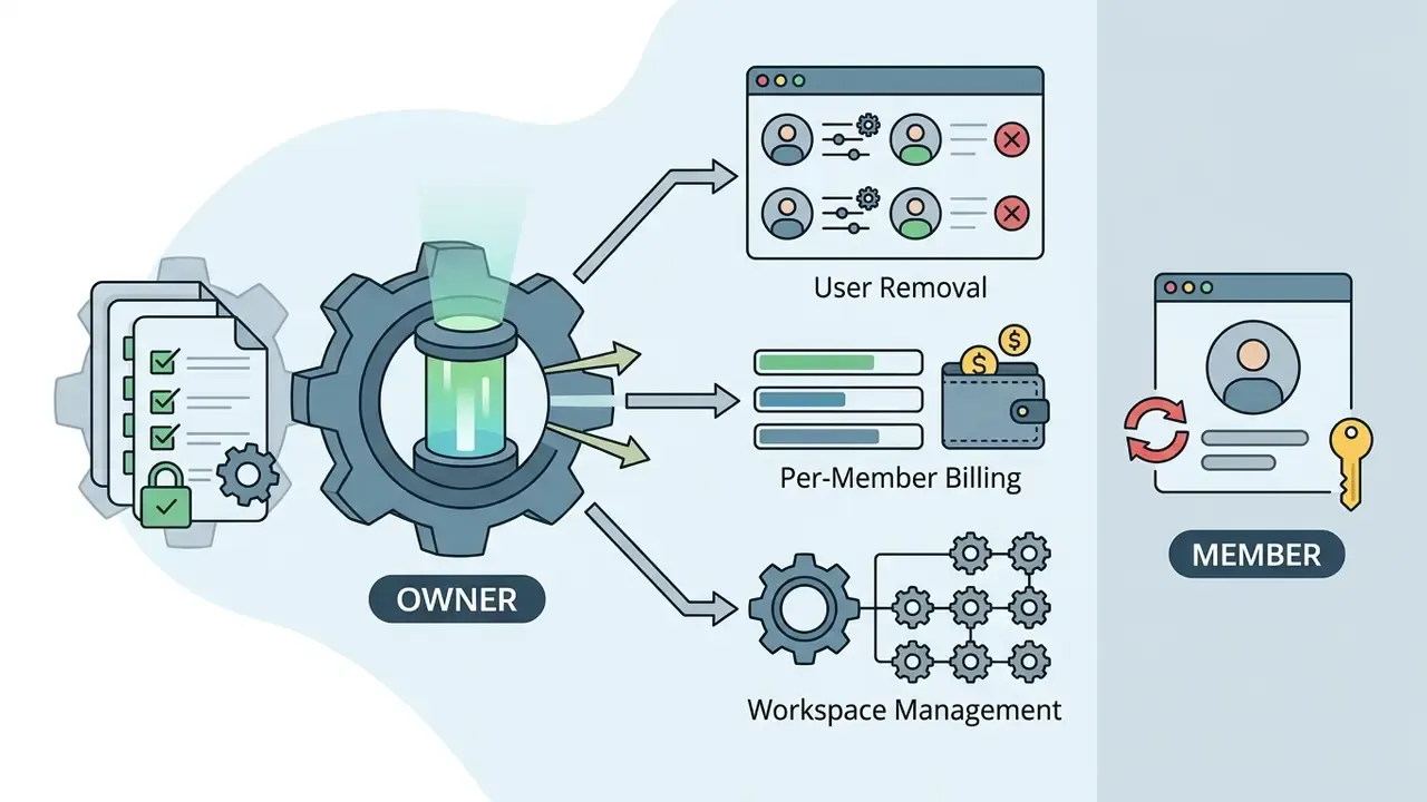 Central gear processing user removal, billing, and workspace management tasks for the owner role