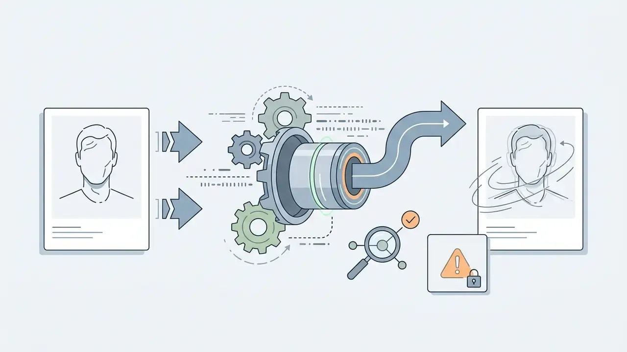 Static portrait entering a gear mechanism to emerge as a rotating head with analysis and security icons