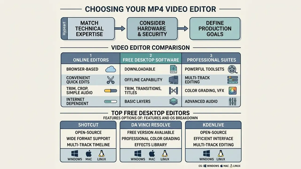 Infographic outlining criteria for selecting an MP4 video editor and comparing various software options