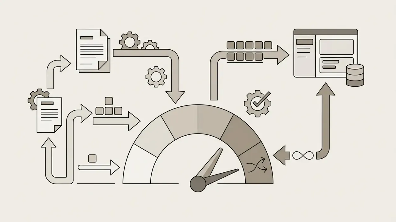 System of documents and gears feeding into a speed gauge with an infinite loop to a database