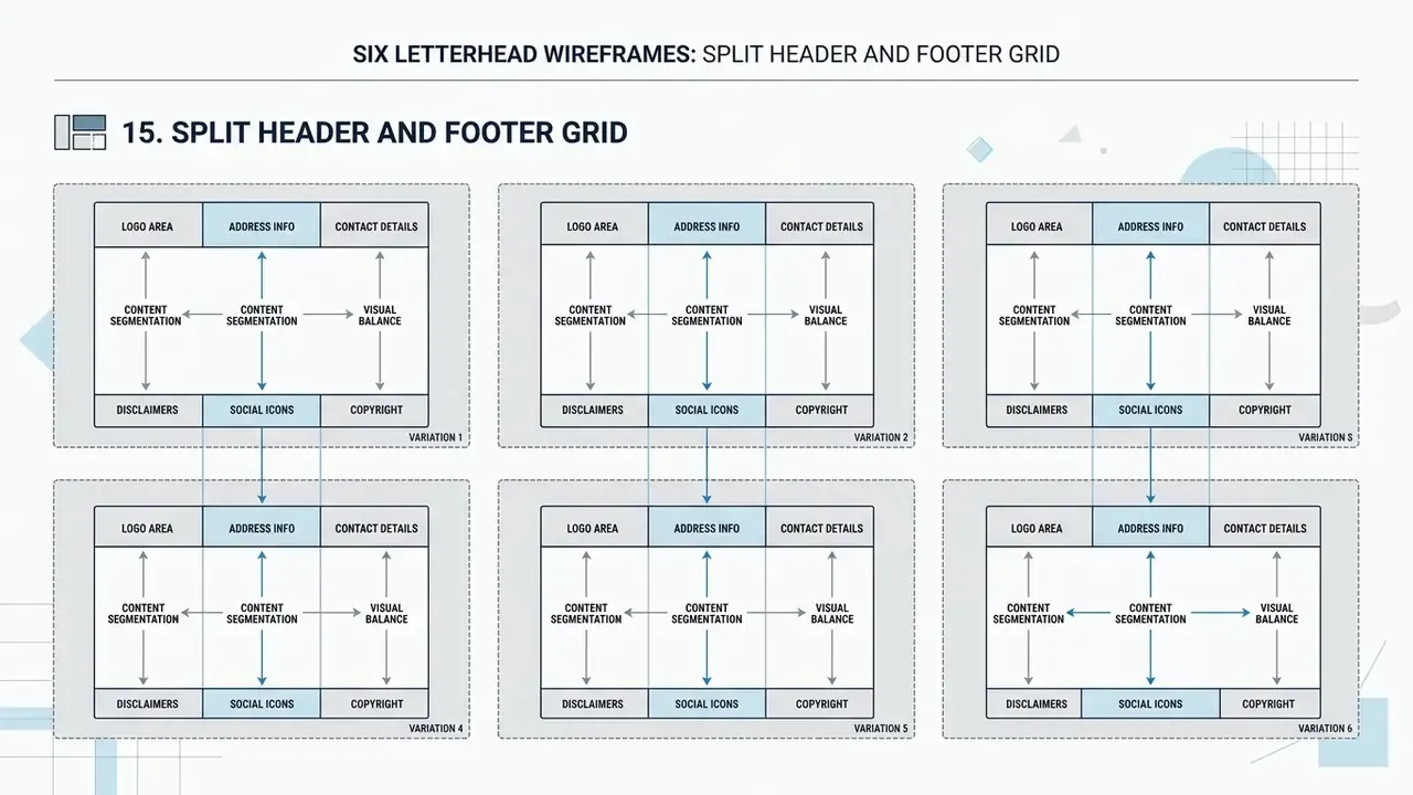 Six wireframe diagrams arranged in a grid showing varied layouts for letterhead examples with logo