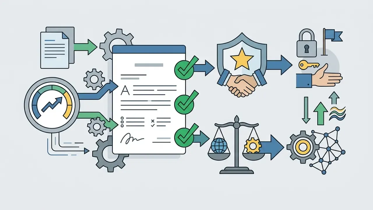 Document with checkmarks connecting to a handshake shield and legal scales representing ownership rights