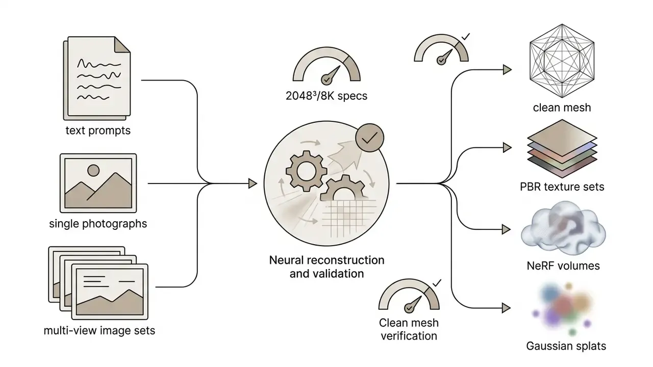 Diagram showing text and image inputs processed through neural reconstruction into various 3D asset types