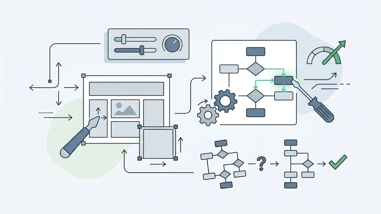 Tools adjusting UI layouts and logic flow with a screwdriver and pen for software refinement