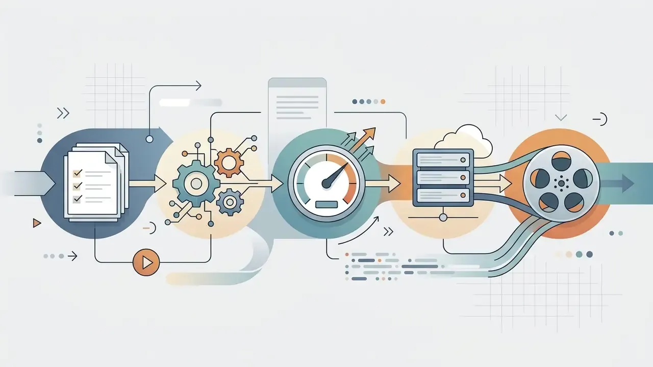 Document and gear icons processing data through a gauge and server into a film reel for video production