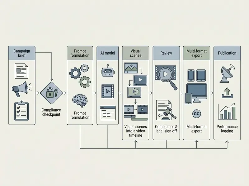 Sequential process diagram showing stages from campaign brief and compliance checks to final publication