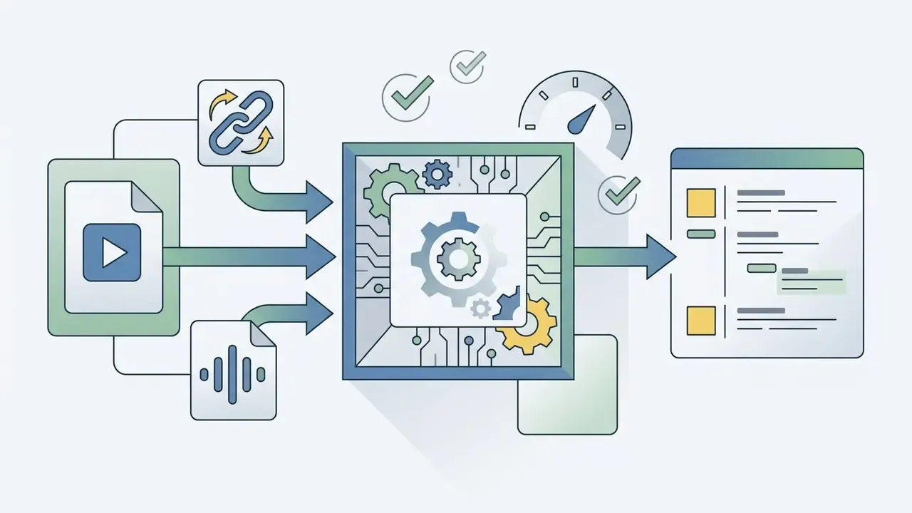 Media files and links feeding into a central processing chip that outputs structured text documents