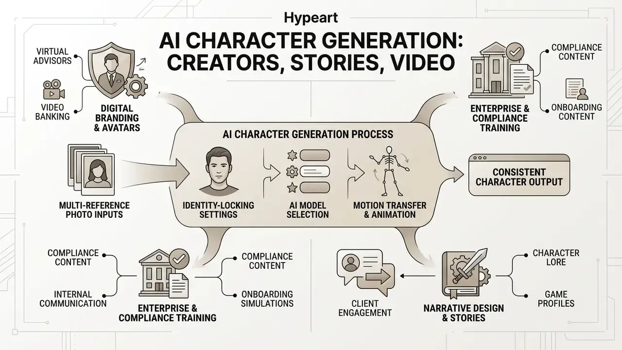 Central processing diagram showing how identity and motion data transform reference photos into characters