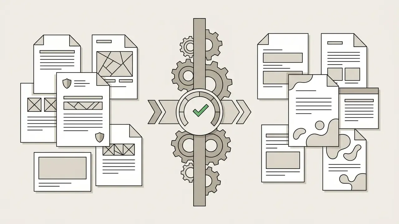 Two groups of documents separated by a central gear mechanism with a checkmark icon