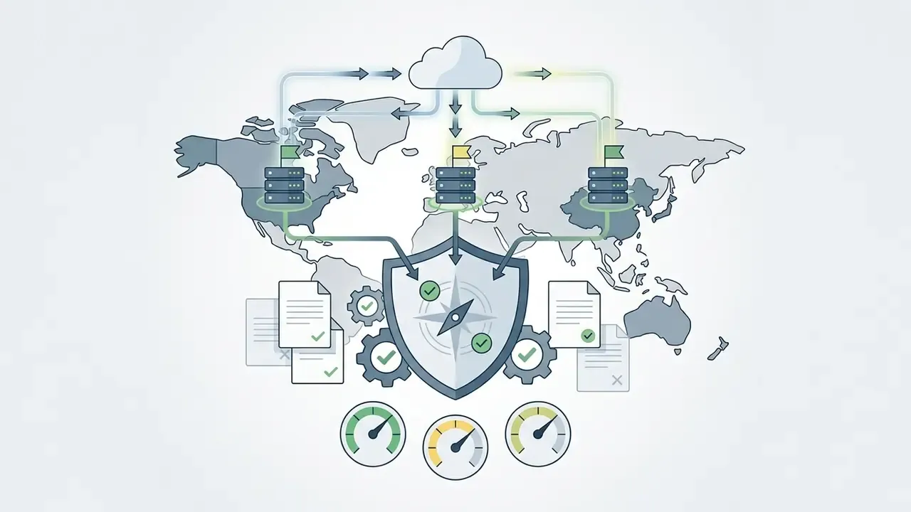 World map with server nodes connecting to a central shield icon, documents, and performance gauges