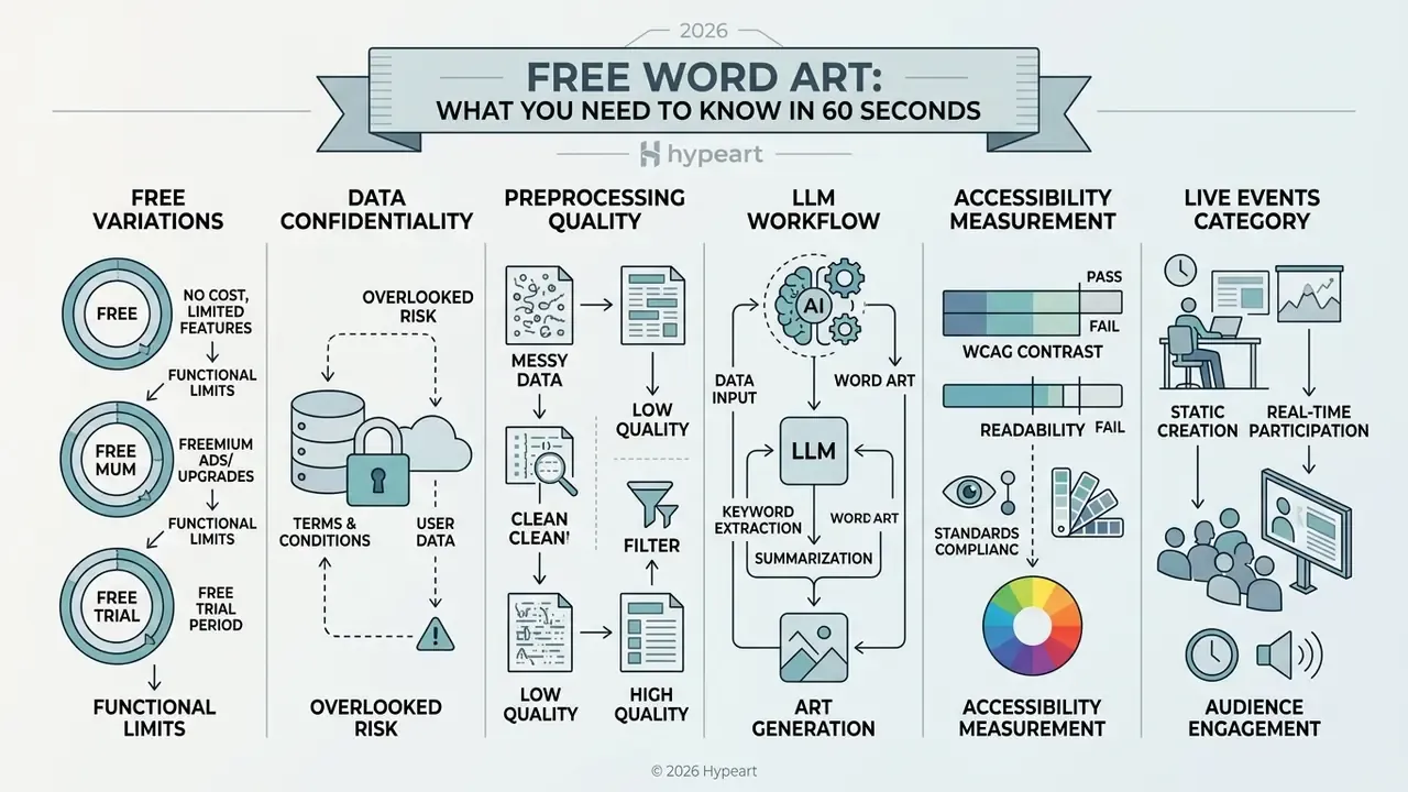 Infographic outlining key considerations for using a free word art generator across six distinct categories