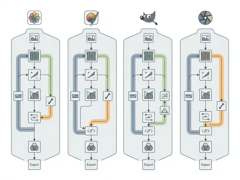 Comparison of RAW image processing pipelines across four different photo editor for Mac applications