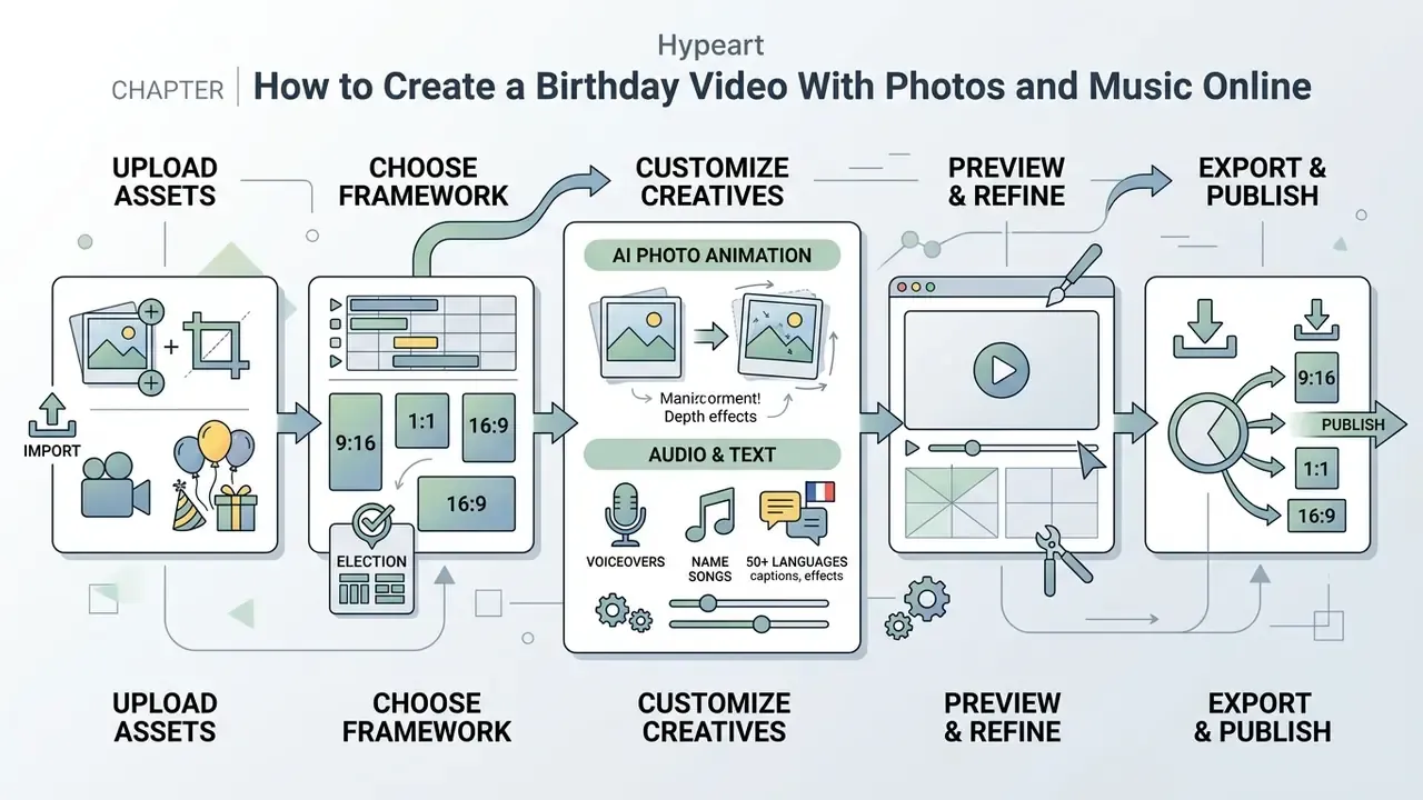 Flowchart depicting the sequential steps to create a digital celebration project from import to export