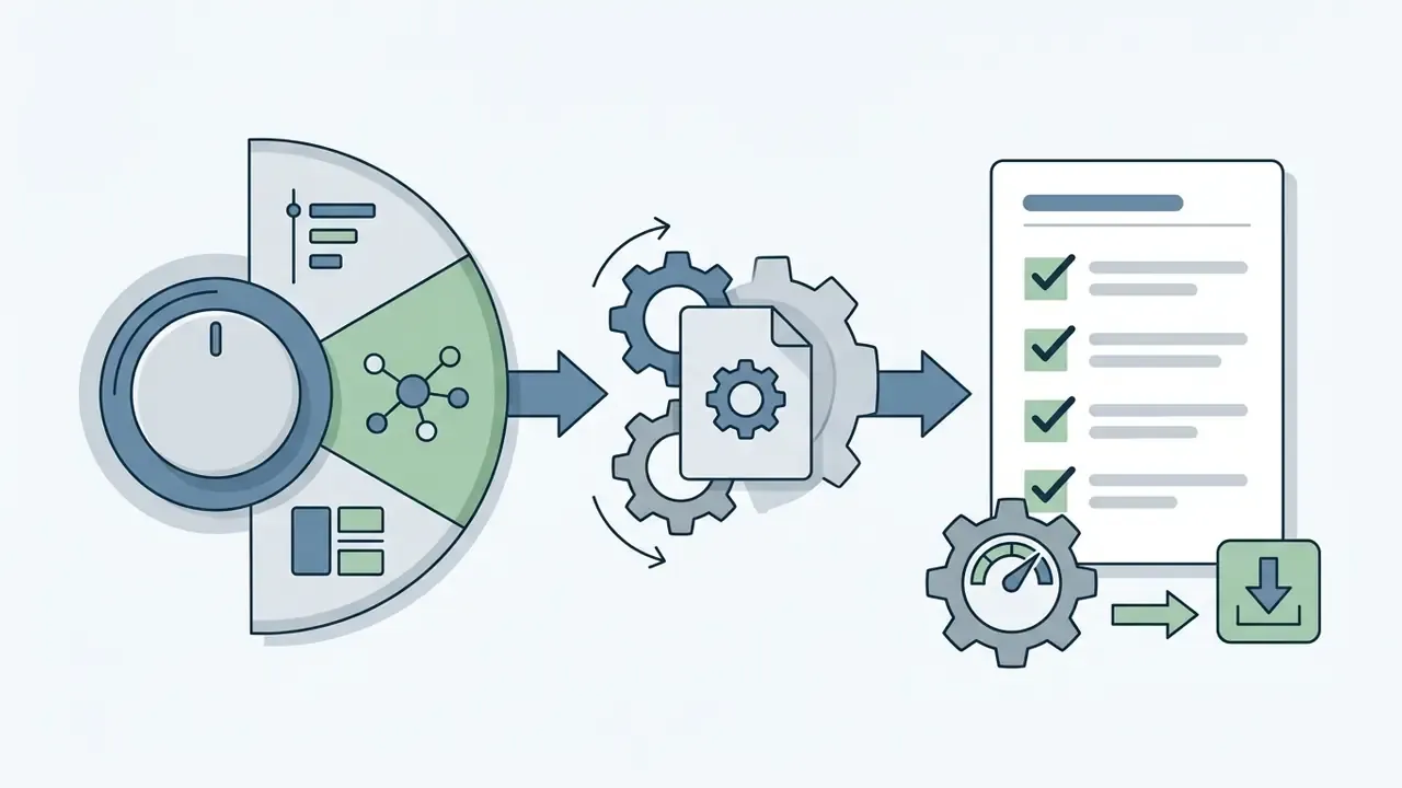Control dial and gears processing document data into a checklist that is ready for file export