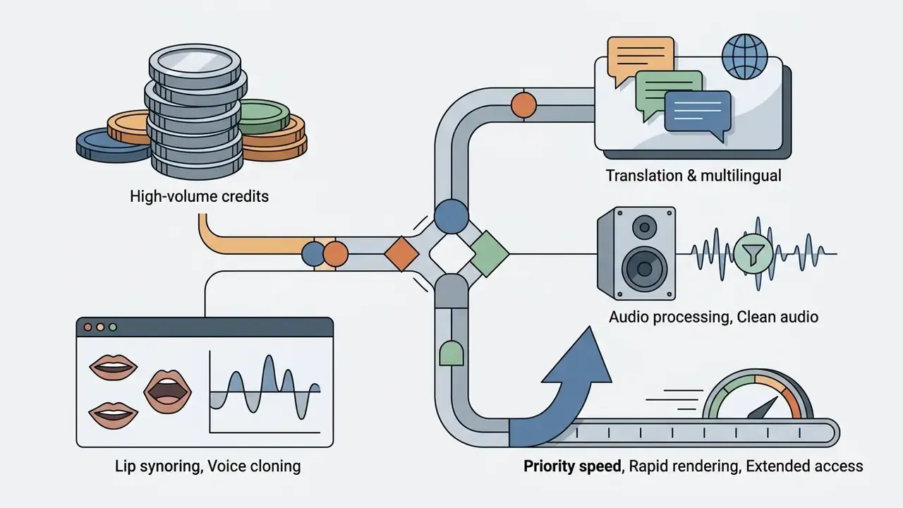 Flowchart showing high-volume credits fueling translation, audio processing, and rapid rendering features
