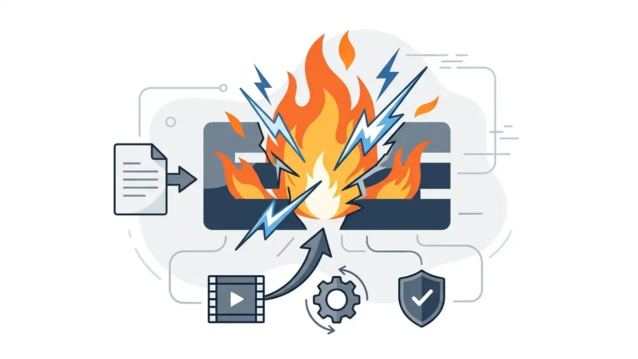 A document, film reel, gear, and shield icon converging on a central burst of fire and electric sparks