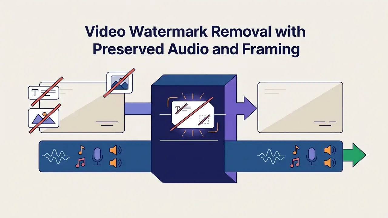 Diagram showing video content passing through a processor that removes watermarks while keeping audio intact