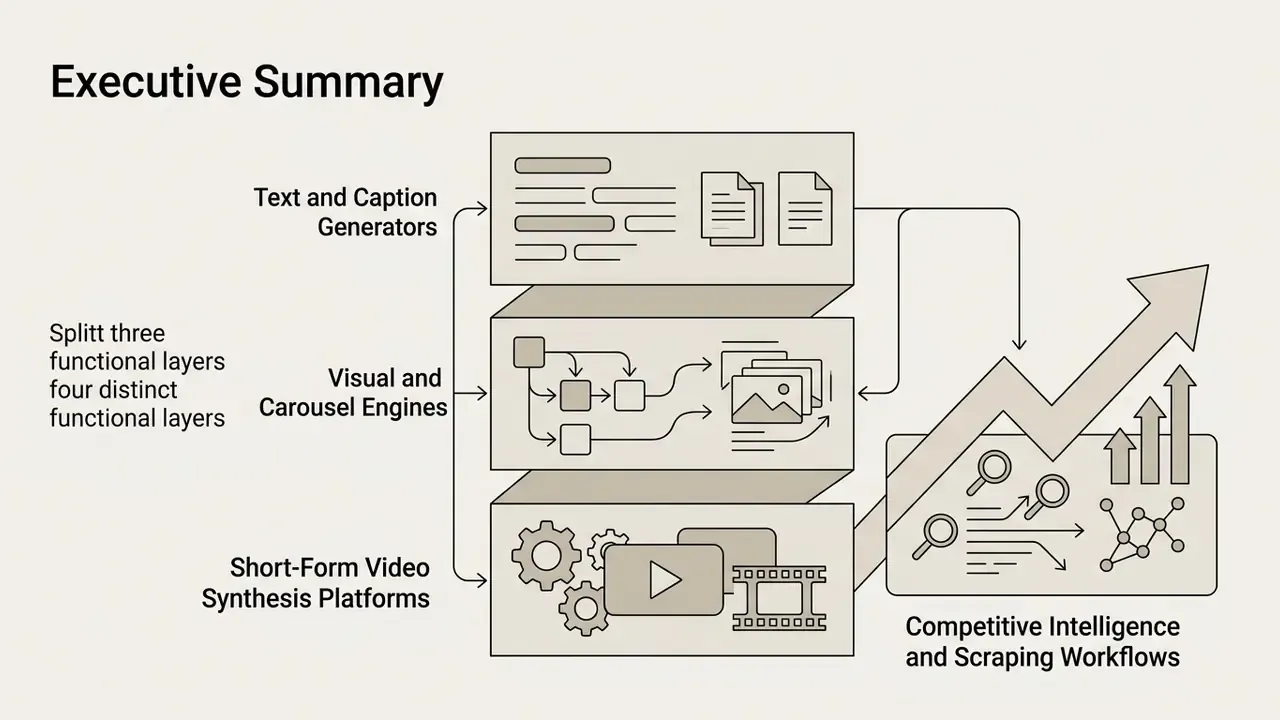 Stacked diagram showing functional layers for text, visual, video, and competitive intelligence tools
