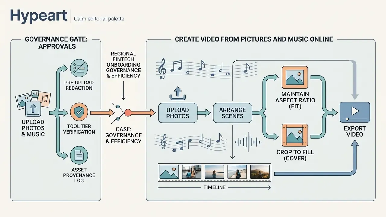 Workflow diagram showing governance checks before using a picture video maker to edit and export content