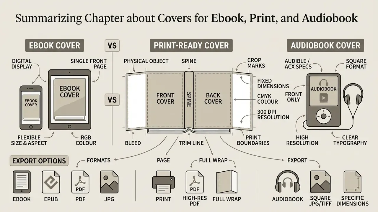 Comparison diagram of technical requirements for ebook, print, and audiobook cover file formats