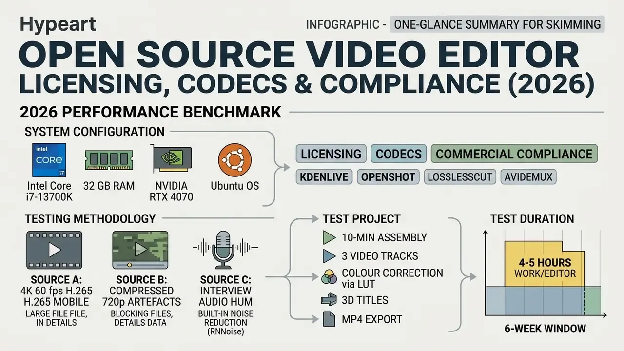Diagram showing hardware specifications, testing sources, and project parameters for software evaluation
