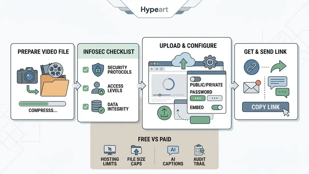 Flowchart showing steps to prepare, secure, configure, and share a video file online