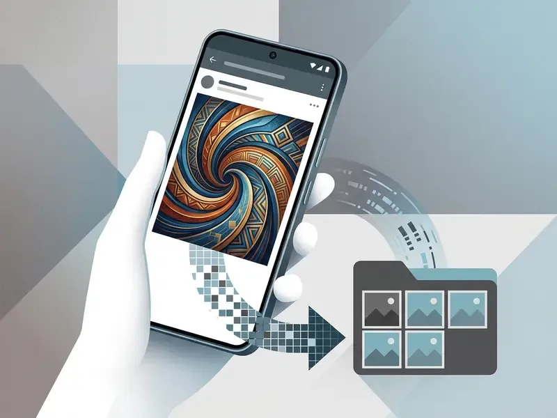 Hand holding a smartphone displaying an AI generated image being saved to a device folder
