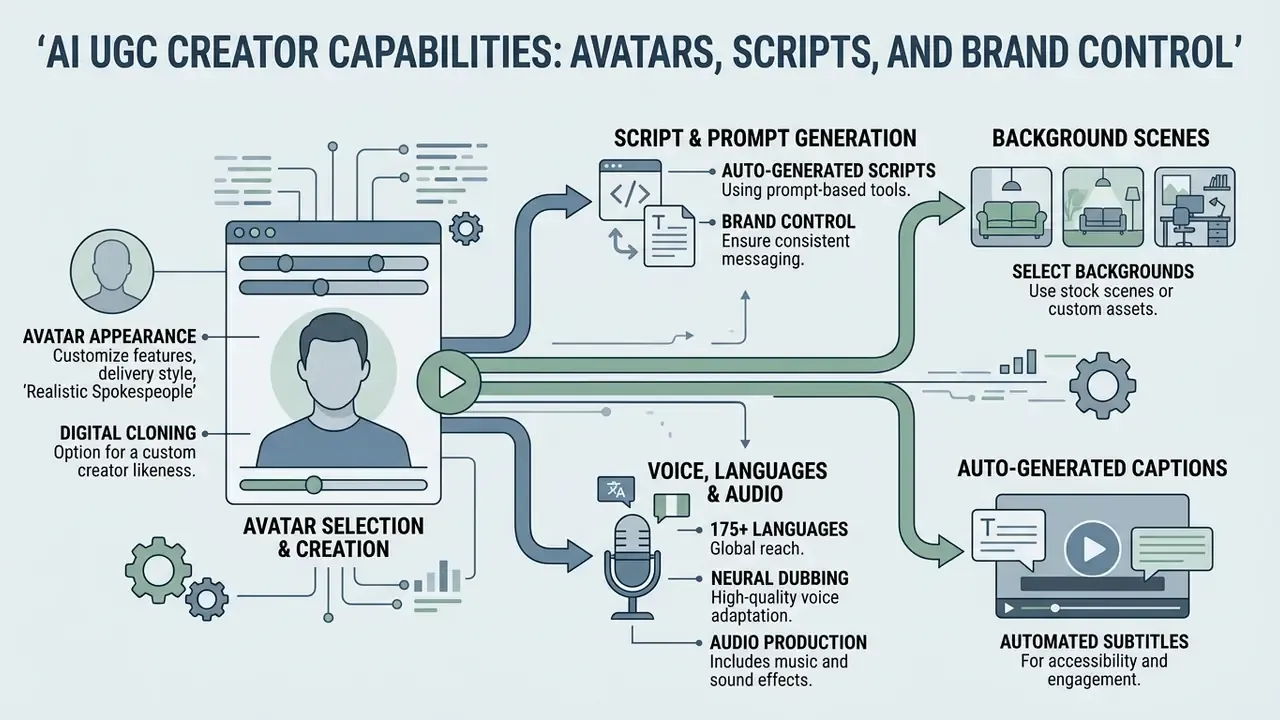 Diagram detailing features for digital avatar selection, script generation, background scenes, and audio