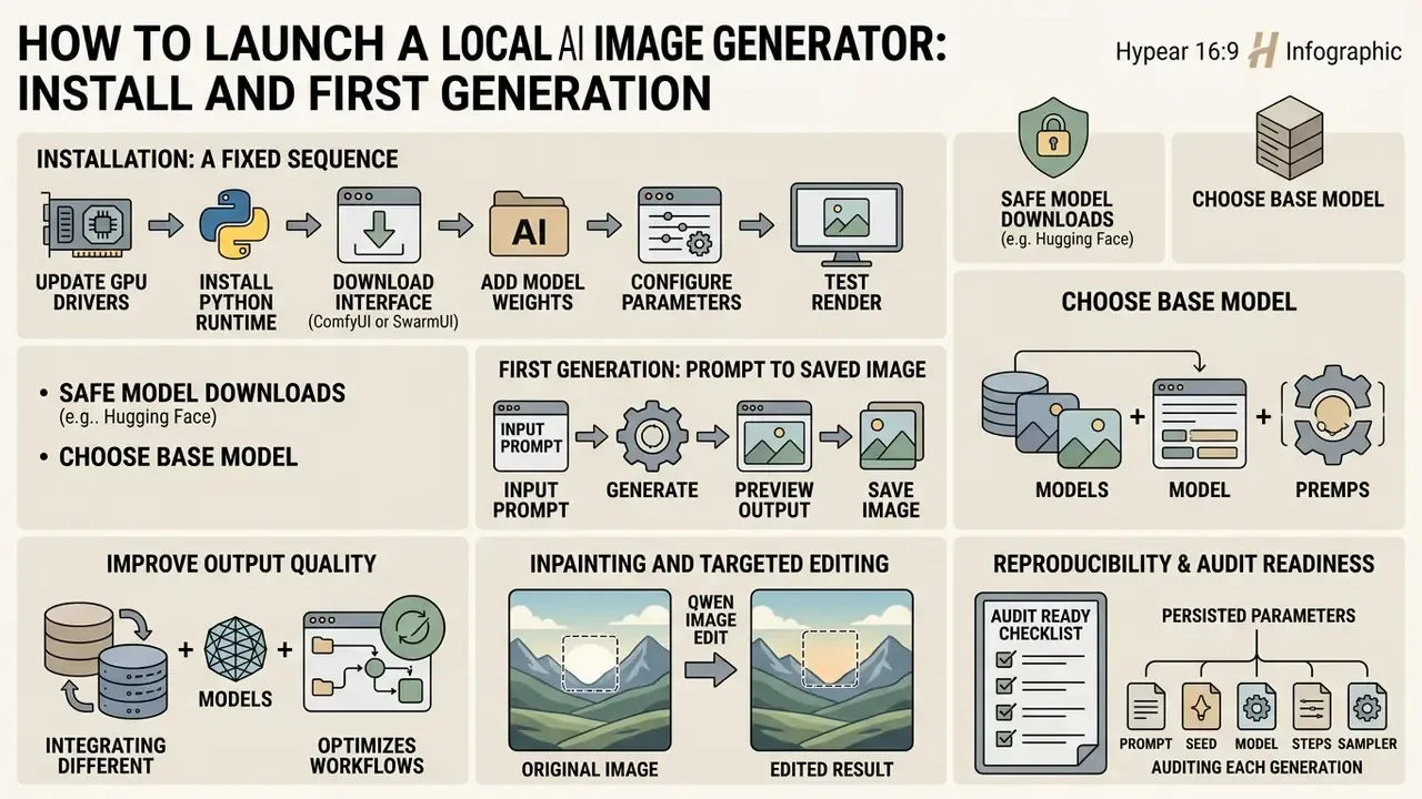 Step-by-step infographic showing the installation, generation, and optimization process for AI software