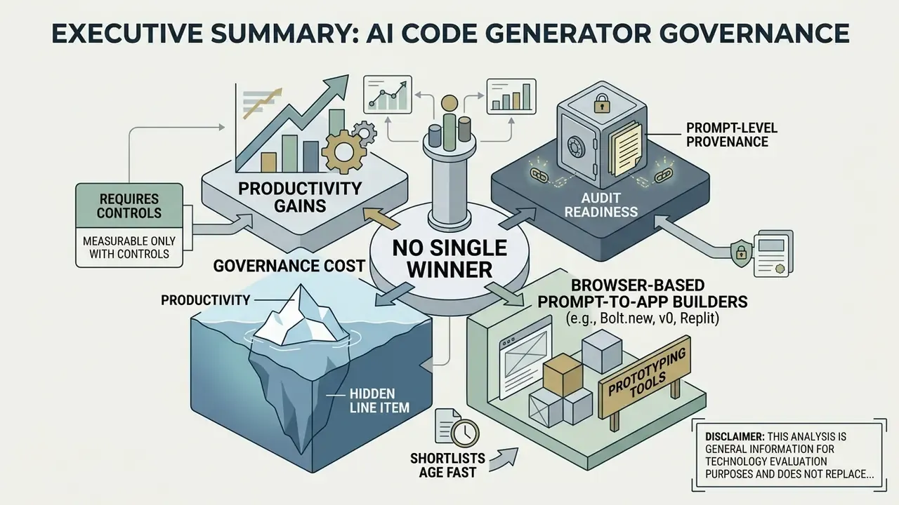 Infographic showing key considerations for AI code generator governance including productivity and audit readiness