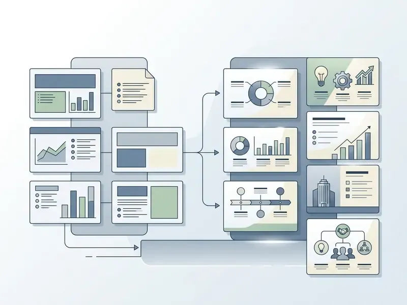 Flowchart showing data inputs being processed and organized into structured business slide layouts
