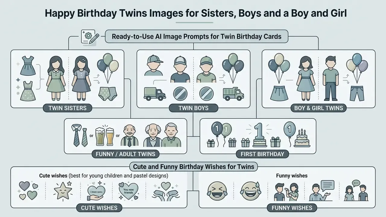 Infographic showing AI prompt categories for twin birthday cards including sisters, boys, and funny themes