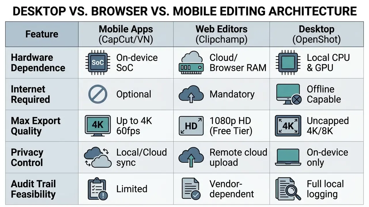 Comparison table detailing technical requirements and capabilities for mobile, web, and desktop video editors