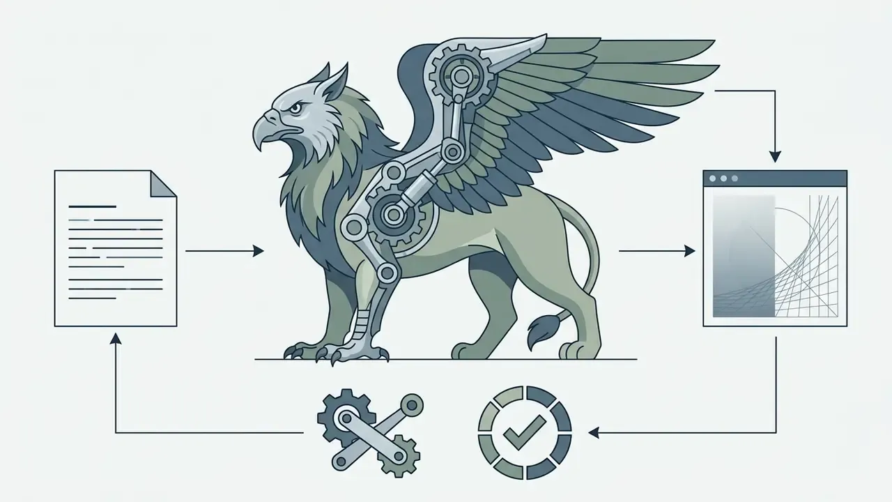 Mechanical griffin hybrid in a cycle of document input and digital rendering with gears and checkmarks