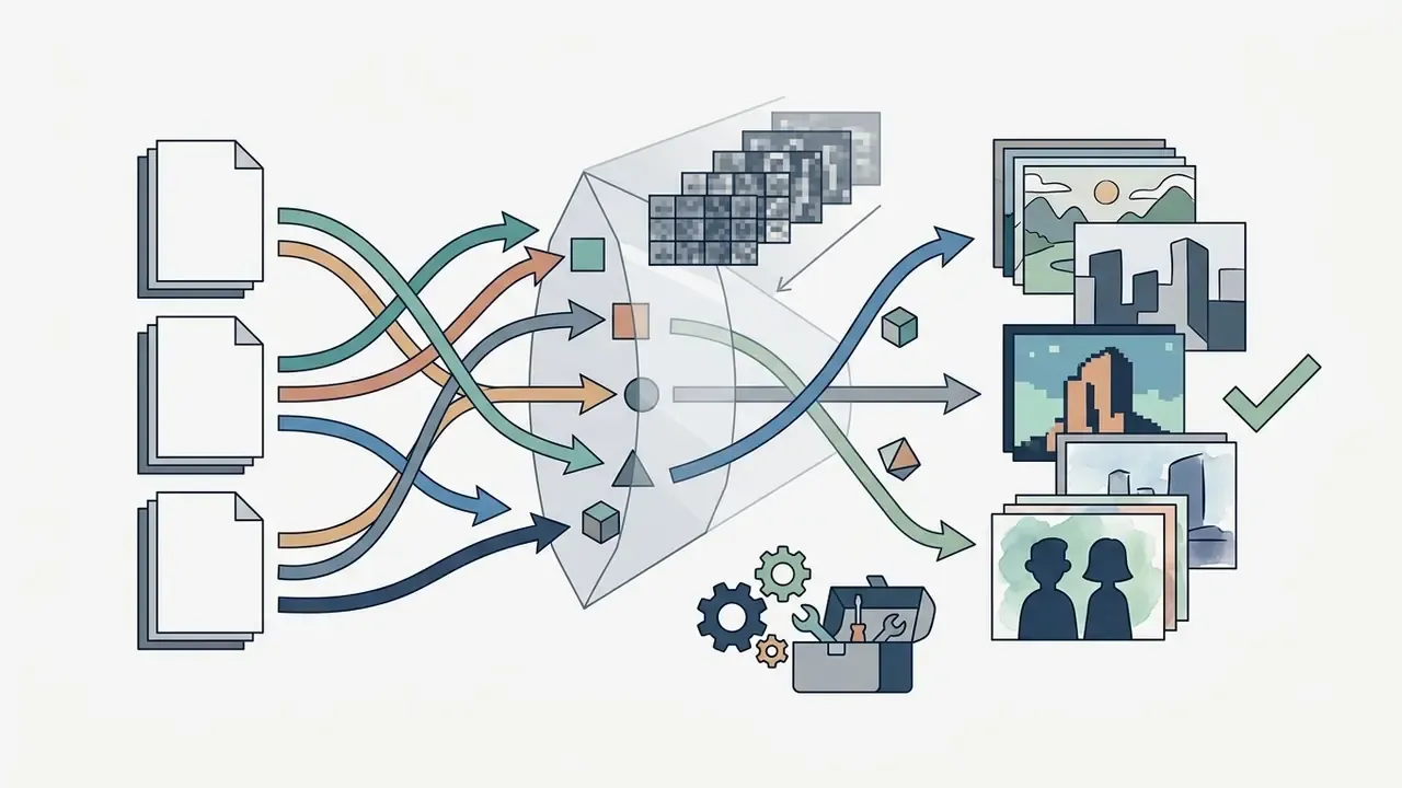 Documents feeding into a funnel that processes inputs into stylized video frames and scene assets