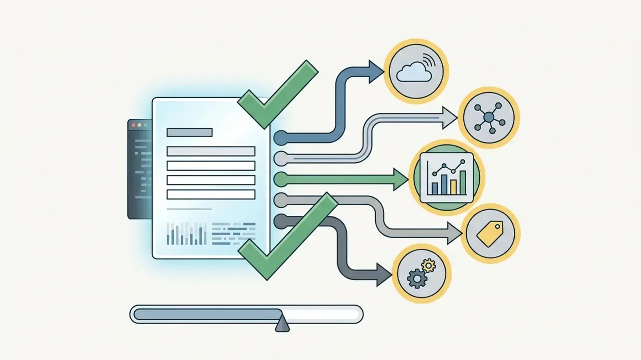 Document with checkmarks branching into various icons representing external network dependencies