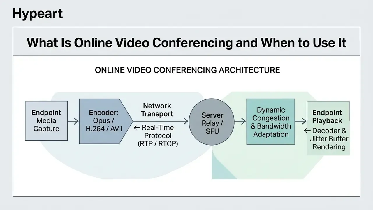 Flowchart showing the technical stages of online video conferencing from media capture to playback