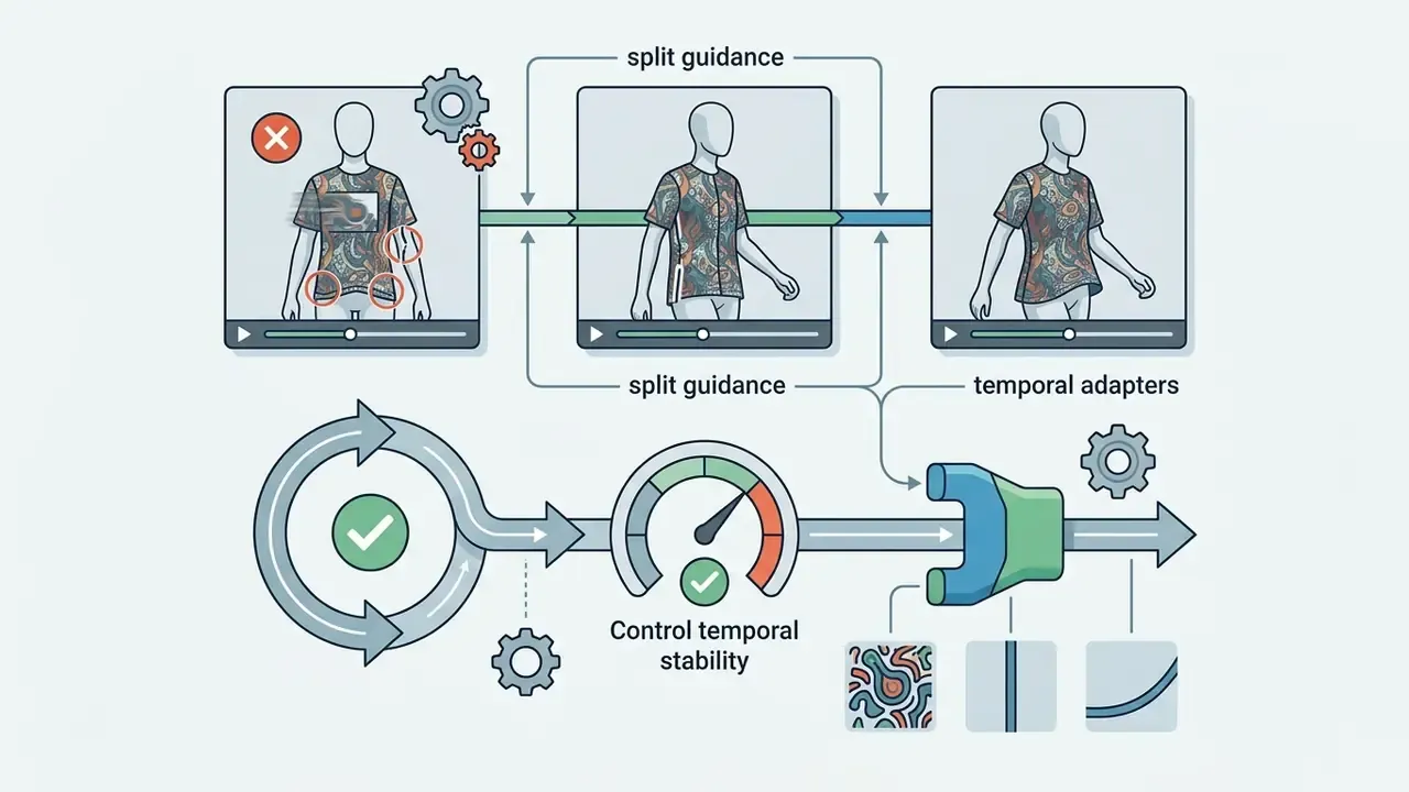 Technical flow showing split guidance and temporal adapters to stabilize AI generated fashion video