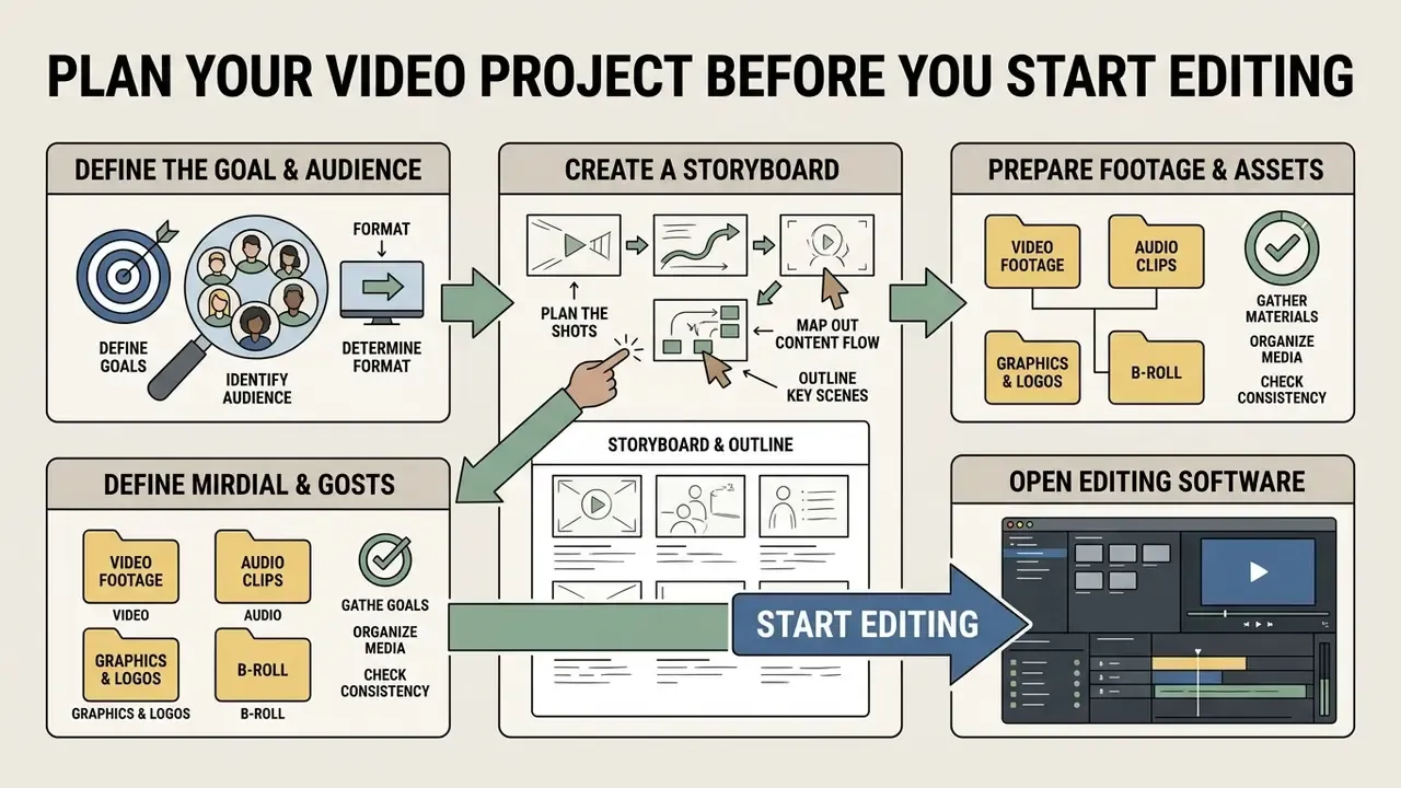 Step-by-step infographic showing how to organize goals, storyboards, and assets before you edit videos
