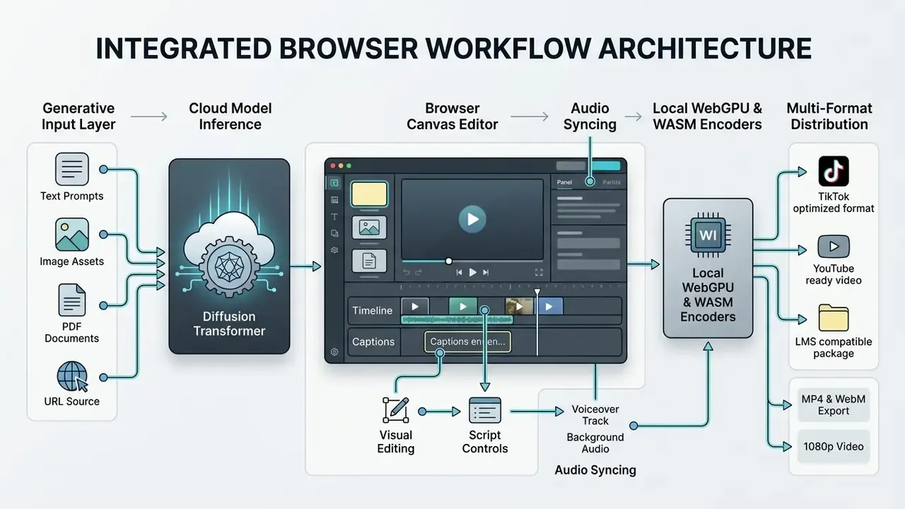 Technical diagram illustrating a browser-based video production pipeline from input to final distribution