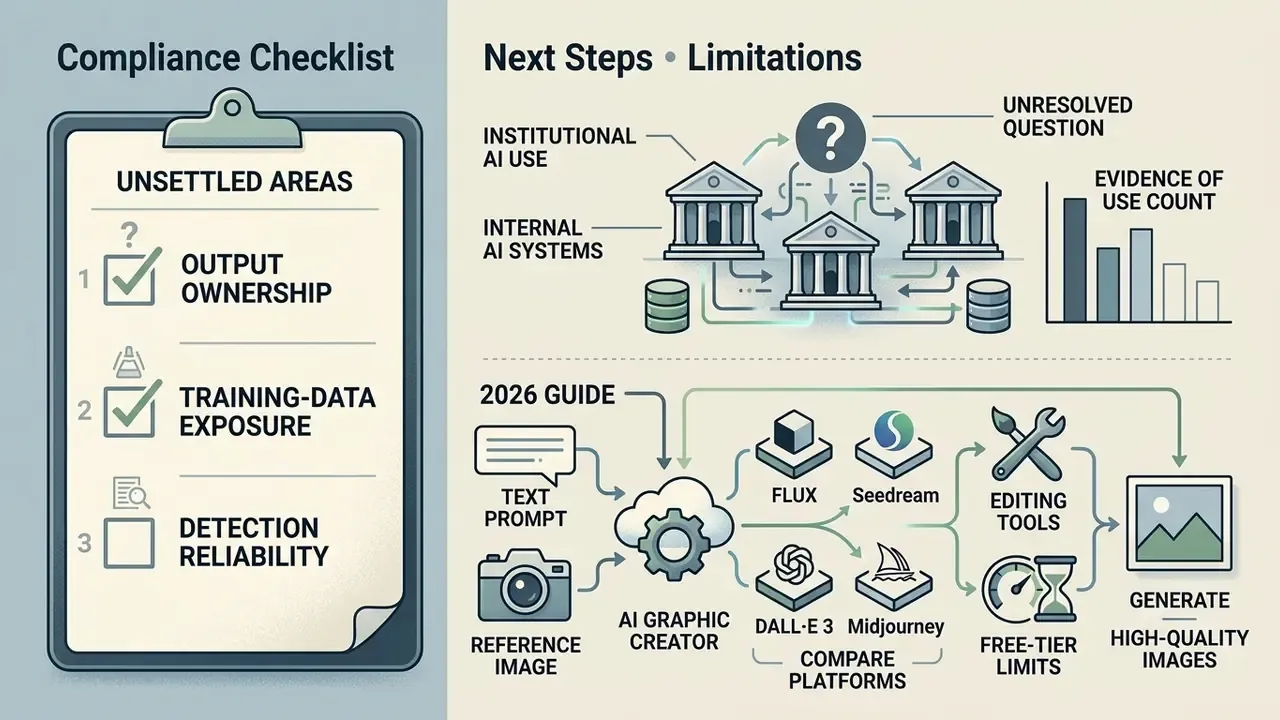 Clipboard checklist of unsettled AI issues alongside a diagram of institutional use and generation steps