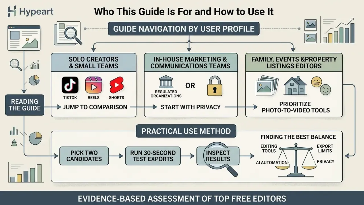 Flowchart detailing how different user profiles should navigate the best free video editing app guide
